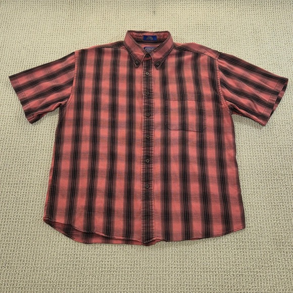 Pendleton Button Down Shirt Red Black Plaid Short‎ Sleeve 100% Cotton Mens Large - Picture 2 of 7